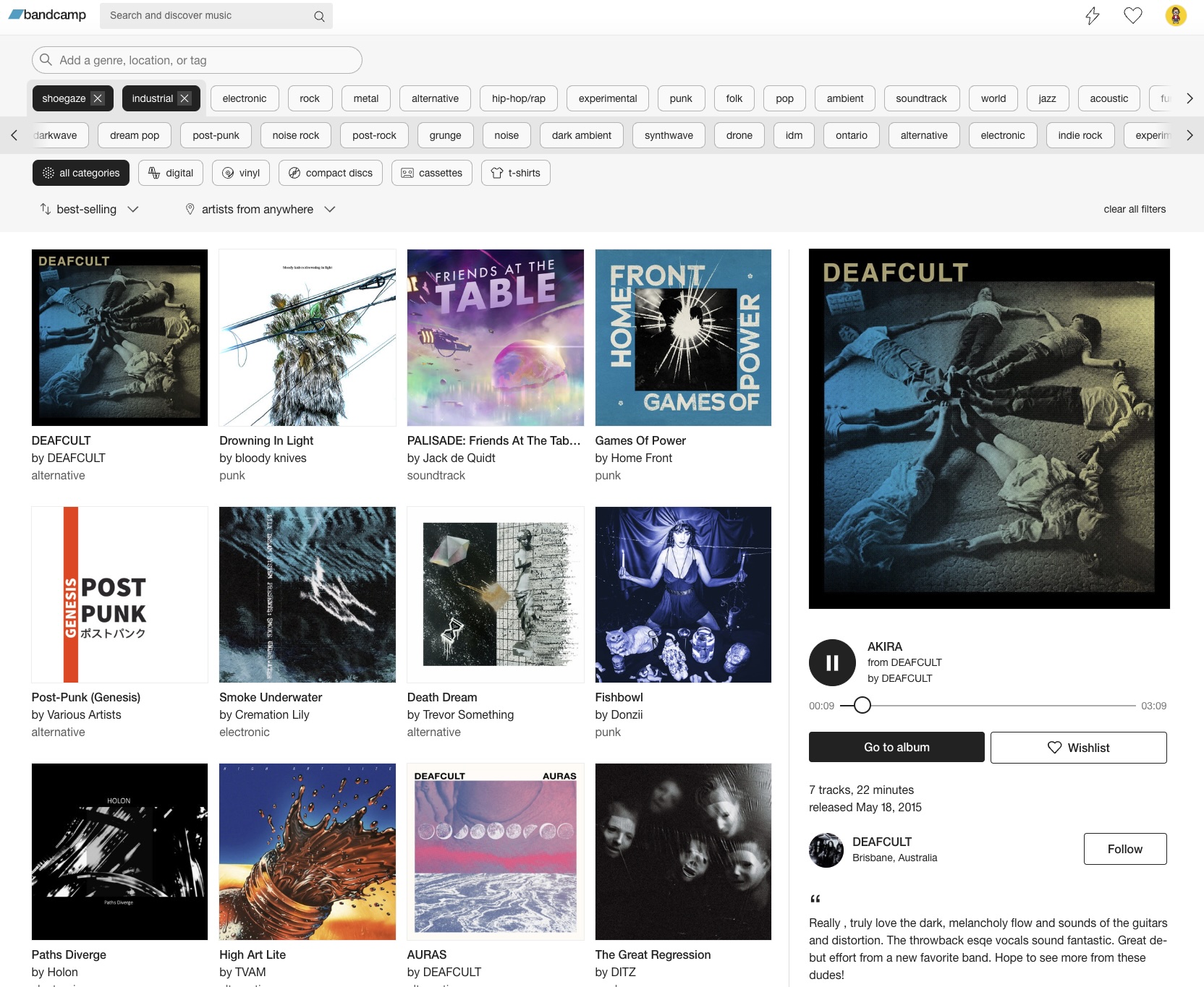 Screenshot of bandcamp.com showing a list of artists that match the genres 'shoegaze' and 'industrial'. There is a grid of album art on the left, with a panel on the right showing the currently playing song or album.